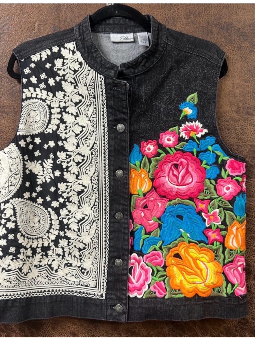 Chicos Embroidered Floral Black Denim Vest